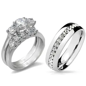Lanyjewelry Unisex 3-Piece Stainless Steel Round Cut CZ Bridal Ring Set - Includes Matching All-Around CZ Band, Ideal for Weddings & Special Occasions