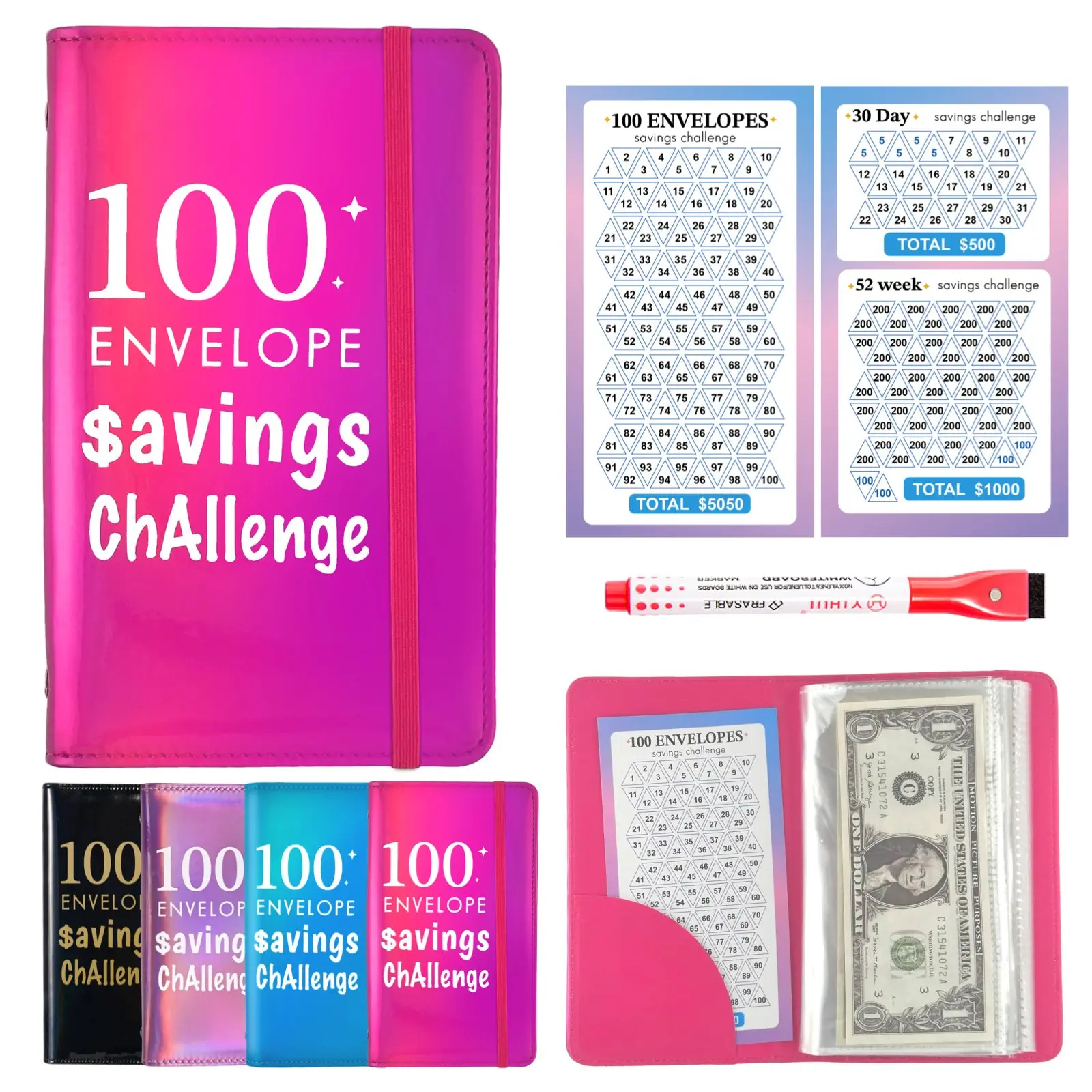 100 days Money Saving Challenge, 3 challenges in 1，with marker，Savings Challenges Budget Book Binder with Cash Envelopes financial organizer M tiktokshopspringglowup gifts graduation kindergarten appreciation teacher