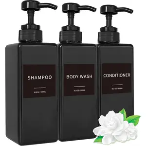 Suitable for Shampoo and Conditioner Dispenser Refillable Plastic Shampoo Pump Bottle with Waterproof Label Empty Shower Gel Dispenser Set Bathroom Shower Soap Bottle (Black, 3-Piece Set, 16.9 oz)
