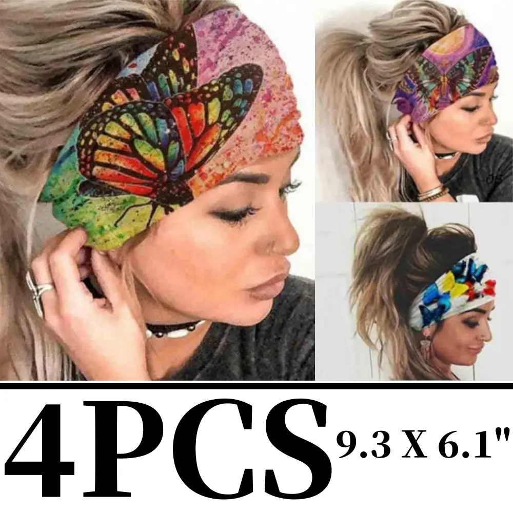 Women's 4-Pack Boho Wide Knotted Turban Headbands, Breathable Floral Print Workout Headbands, Stretch Elastic Sweatband Hair Accessories for Yoga, Running, Workout Headband