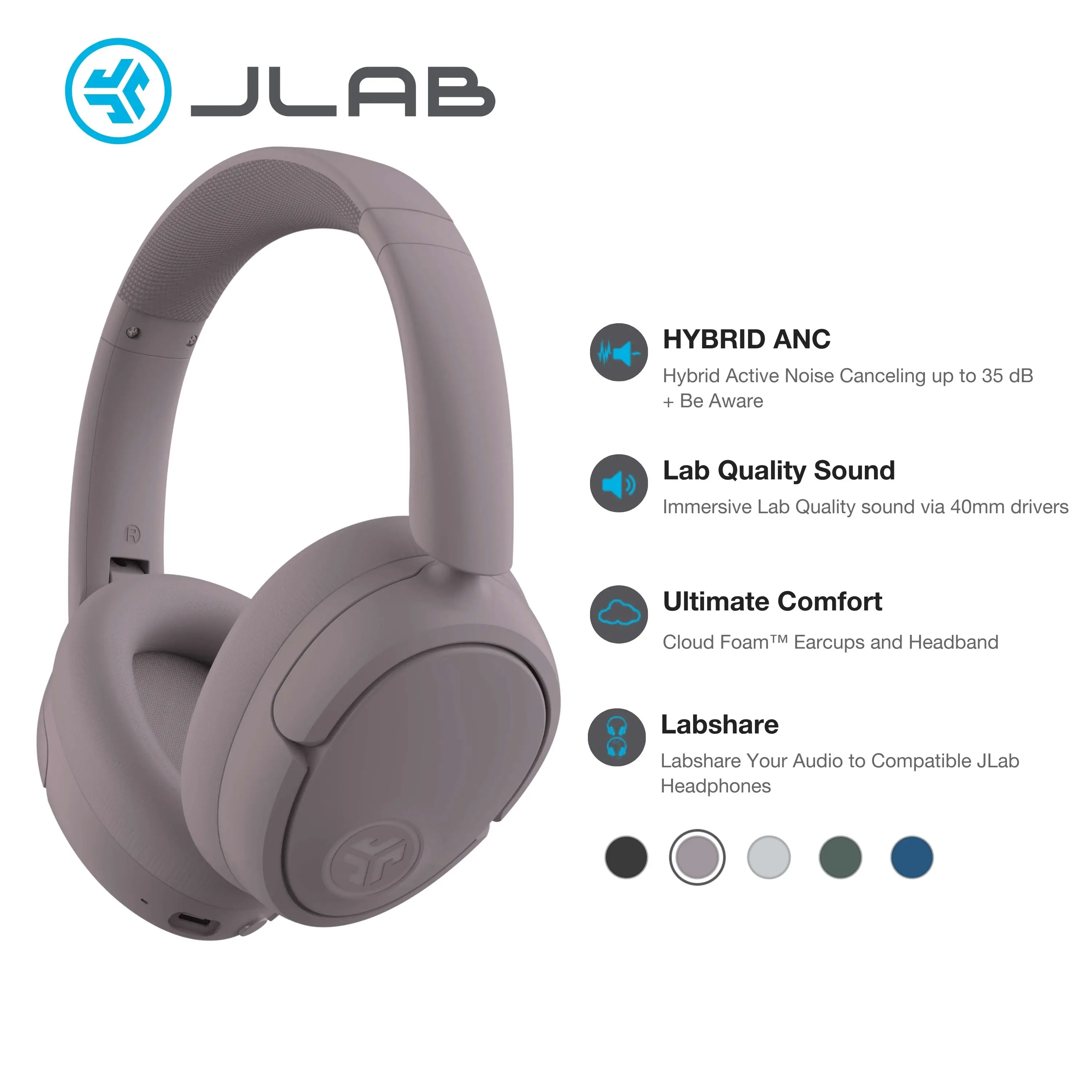 JLab JBuds Lux ANC Wireless Bluetooth Noise Cancelling Headphones with Mics, Adjustable Over-Ear Design, Custom EQ, Be Aware Safety Mode, Foldable, Wired Charging Cable, Compatible with iPhone/Android Devices (Tools and Gadgets, Mens Gifts)