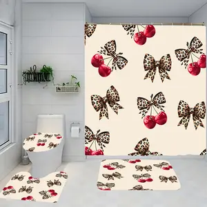 1/4 piece leopard print cherry design bathroom set, Bathroom rug set, including toilet seat cushion, shower curtain, home decor, floor mat with good rebound, water absorption, anti slip