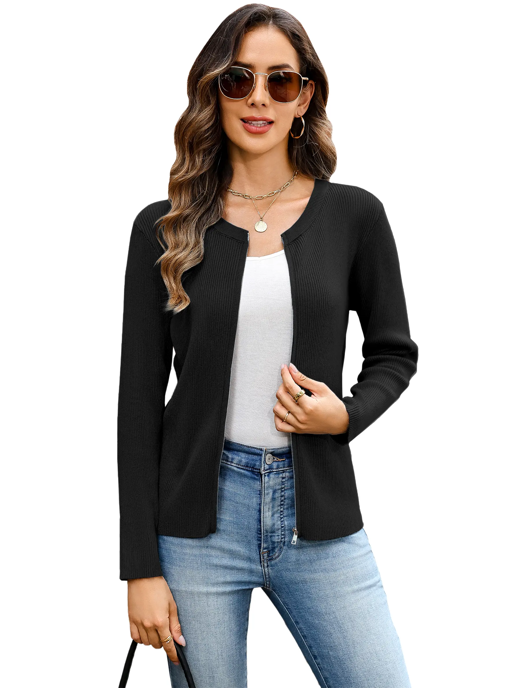 Tacvasen Women's Basic Cardigan Sweater, Lightweight Fitted Solid Knit Zip-Up with Crew Neck and Longsleeves,back to school,back to school shopping, Knitwear, Piece