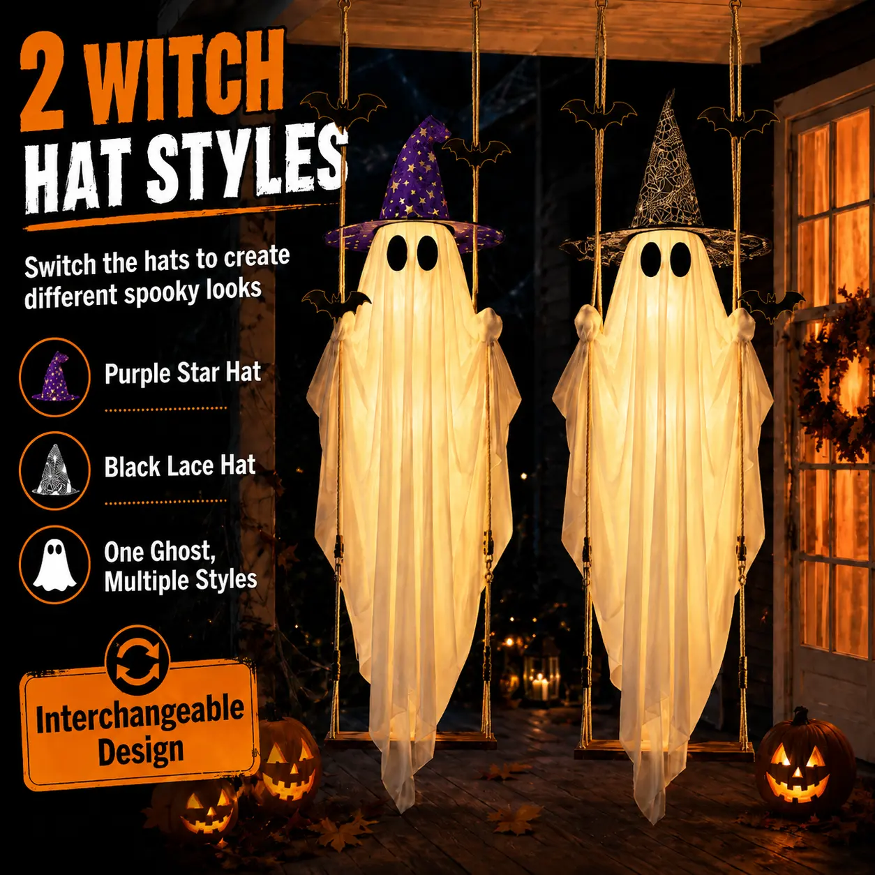 13FT Lighted Hanging Ghost Swing Halloween Outdoor Decor, Large Glowing Ghost with 2 Witch Hats, 3 Bats, Remote Control, 8 Light Modes, Adjustable Rope for Porch, Yd, Tree Party Decorations