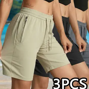 One pack contains 3 pieces of women’s outdoor fitness shorts—mid-length shorts—with a stylish multi-color design, elastic waistband, and zippered pockets; suitable for casual running and everyday wear; nylon fabric with good stretch.