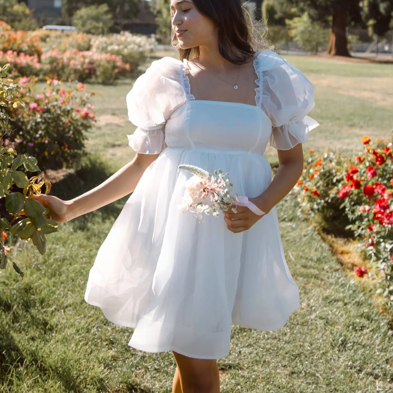 Puff Babydoll Dress - White - white puff sleeve flowy mini dress with square neckline