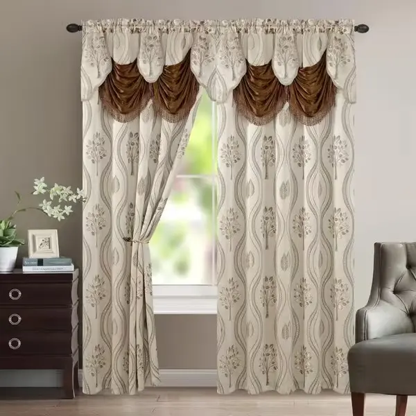 Luxury Jacquard Room Darkening Curtain Set - 2-Piece Rod Pocket Panels with Attached Waterfall Valance, Elegant Window Drapes for Living Room, Bedroom & Home Office, Machine Washable (54"  84")