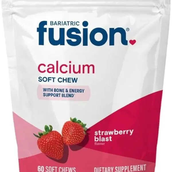 Bariatric Fusion Bariatric Calcium Supplement Chews | Calcium Citrate with Vitamin D3 Bariatric Vitamin | Sugar Free Chewable | 500mg | Strawberry | 60 Count