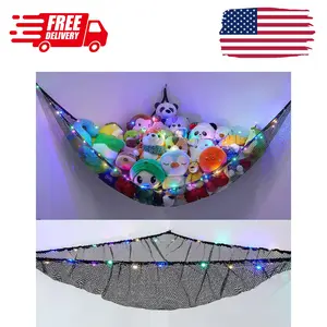 Stuffed Animals Net or Hammock Kids Toy Storage Organizer with LED Light Hanging Corner Stuffed Animals Black,Large (Pack of 1)