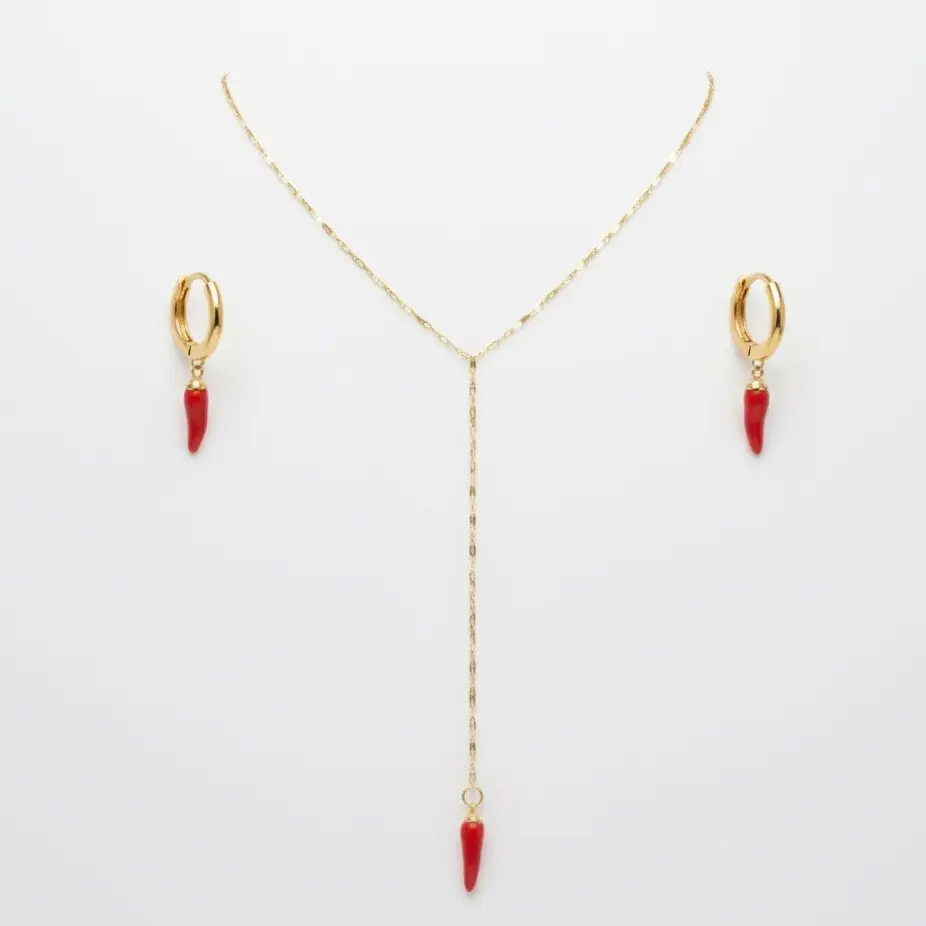 Chili Necklace and Earrings Set Stainless Steel with Red Pendant and Gold Color Hoops for Women Fashion Jewelry