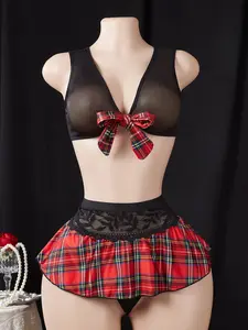 Sexy Roleplay Lingerie Set - Lace Contrast, Plaid, Fitted, Solid Color Design, Mini Skirt - Perfect for Cosplay & Daily Wear!