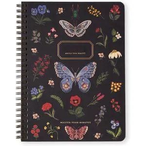 Spiral Notebook, 160 Ruled Pages 8.5" x 6.25" Journal, Inner Storage Pocket Folders with Customized Sticky Notes, Double-Spiral Binding, Cloth Patterned Special Paper Front &  Cover (Black)