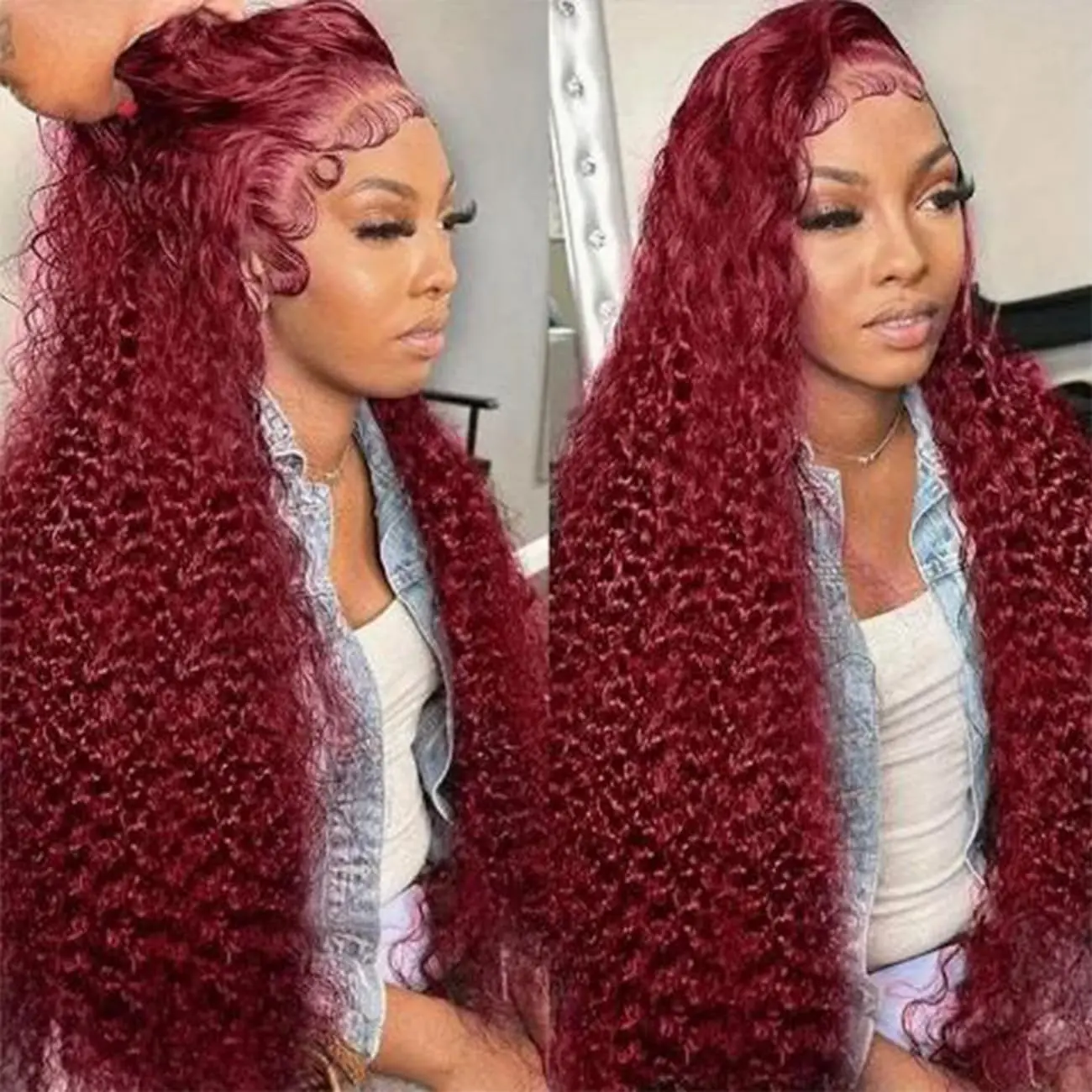 Bling Hair 99J Burgundy Deep Wave Human Hair Lace Frontal Wig 13x6 13x4 Hd Transparent Lace Front Human Hair Wigs Kinky Curly Wigs For Women Pre Plucked Red Curly Hair
