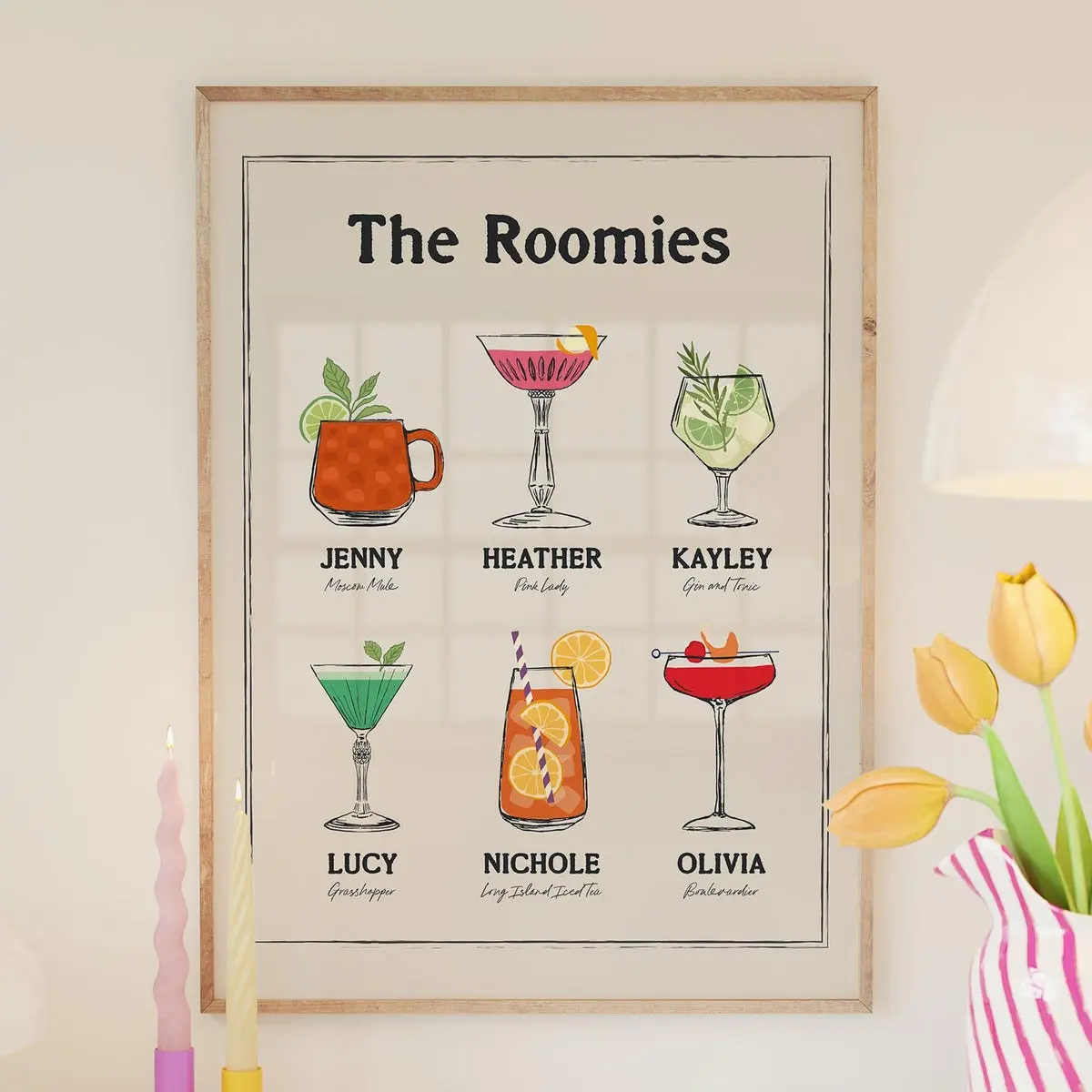 Trendy College Apartment Decor, Personalized Wall Art, Custom Roommates As Drinks Print, Dorm Room Wall Art, Cheers Bar Cart Cocktail Poster