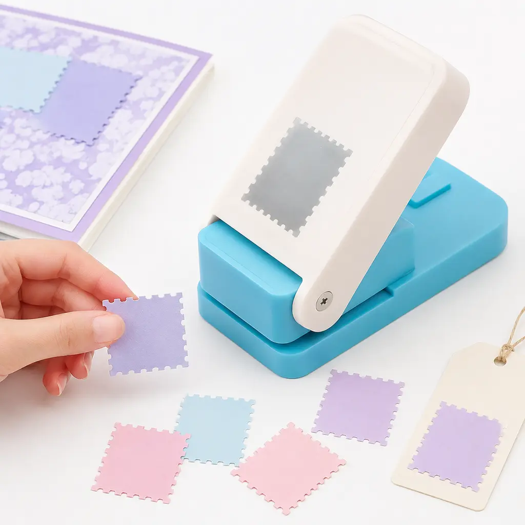 Office Stationery Lever Action Paper Punch - Vintage Postage Stamp Tool with Scalloped Clean Edges, Alignment Guide, Rectangular Stamp Cutout, ABS+Metal Build for Scrapbook Journal, DIY Crafts