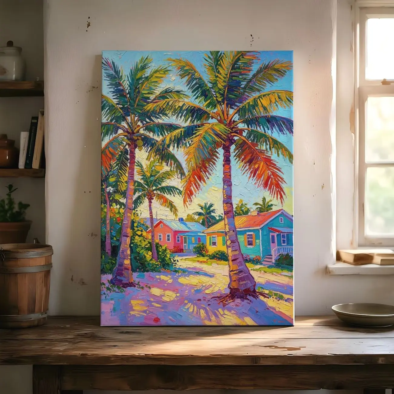 Vibrant Tropical Beach House Canvas Wall Art, Palm Tree Coastal Landscape, Breezy Seaside Decor for Living Room or Coastal Cottage