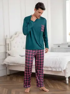Men's Two-Piece Home Set, Spring & Fall Winter Sleepwear, Round Neck Casual Comfortable Long Sleeve Pants, Plaid Print