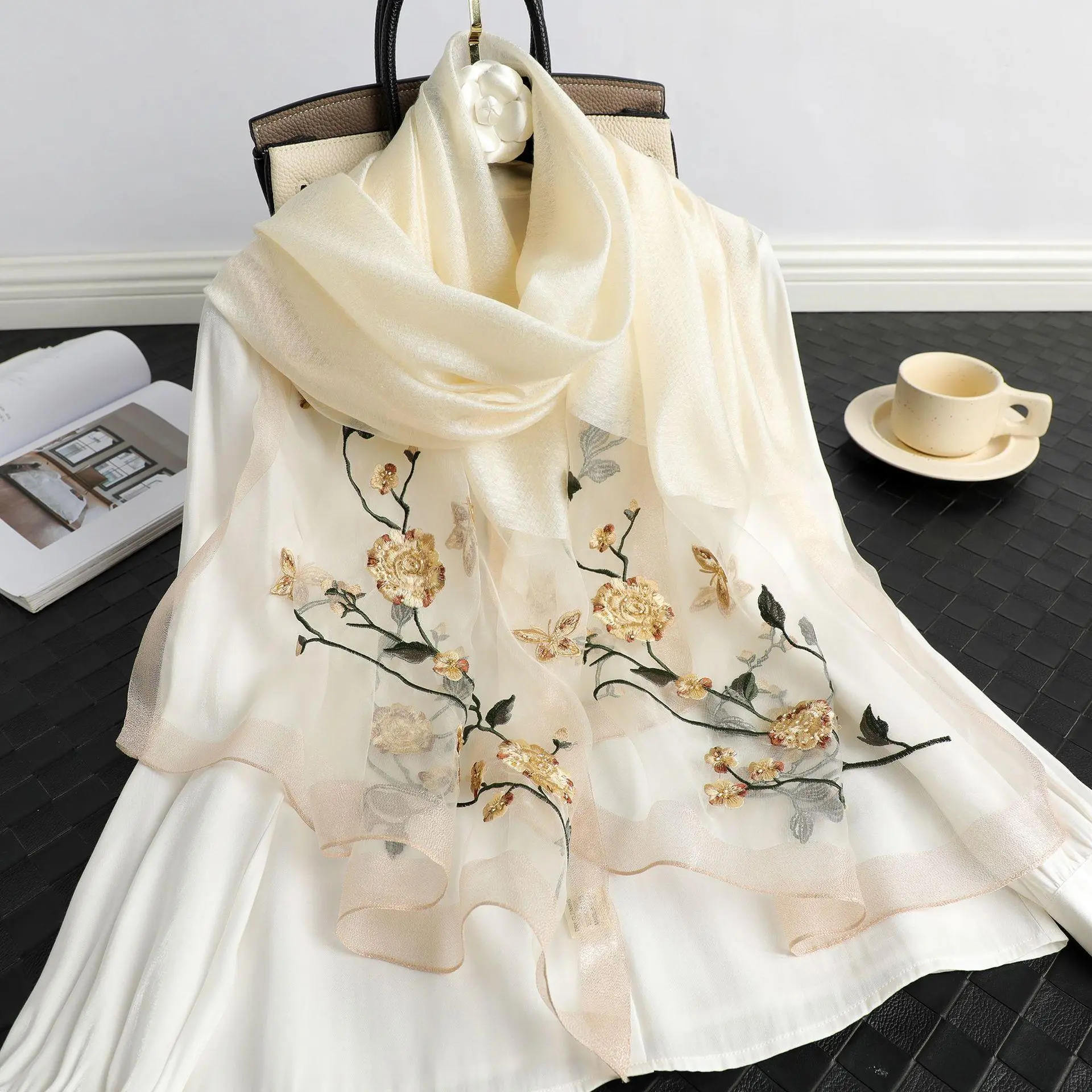 Handmade bead embroidered silk scarf mulberry silk wool scarf rose embroidered shawl