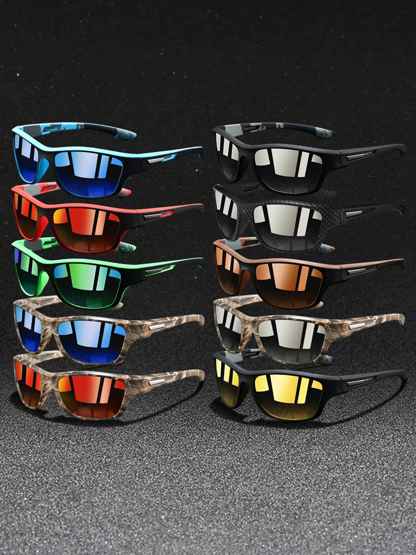 10 pairs camouflage square sports glasses,available in multiple colors,nose pad adopt rubber material,enhance wear comfort,suitable for both men and women,suitable for driving and outdoor activities,Ideal summer accessories
