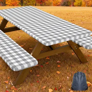Picnic Table Cover with Bench Covers,  Elastic Fitted Tablecloths for 6 Foot Rectangle Tables, Washable Buffalo Plaid Tablecloth for Camping, Outdoor (Grey & White, 30"x72")