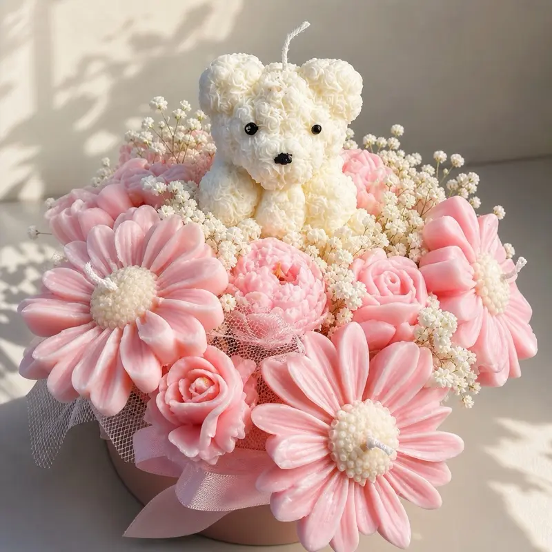Floral Candle Arrangement with Teddy Bear Centerpiece for Special Occasions