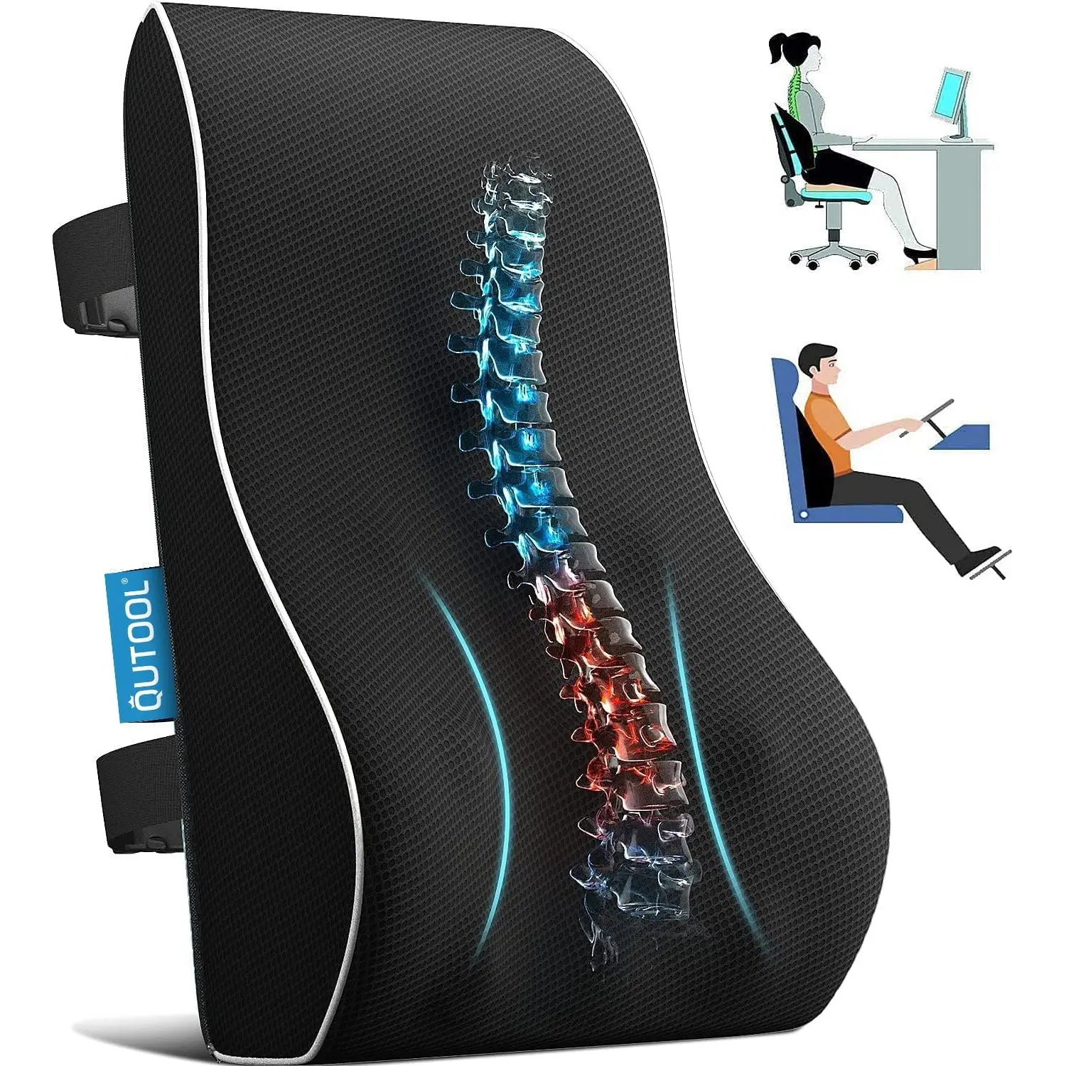 【Summer Pick】QUTOOL Lumbar Support Pillow for Chair, 1 Count Full Back Support for Ofiice, Car, Gaming Chair, Recliner, Memory Foam Back Cushion with 3D Mesh Cover and Double Adjustable Straps, Home Outdoor Gifts, Office Essential, Summerwins