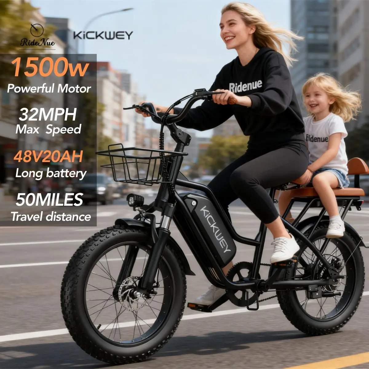 Kickwey LD20 City Electric Bicycle - 32MPH Max Speed, 50 Miles Range, 1500W Motor, 48V 20Ah  Battery, Dual Disc Brakes,All-Terrain Fat Tires, LCD Display, Front Basket & Safety Lights. Perfect for Urban Commutes & Outdoor Adventures.UL 2272 Certified Ebik