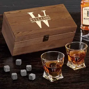 Personalized Whiskey Glasses – Custom Engraved Twist Whiskey Glass Set & Display Case with Whisky Stones by Home Wet Bar Classic