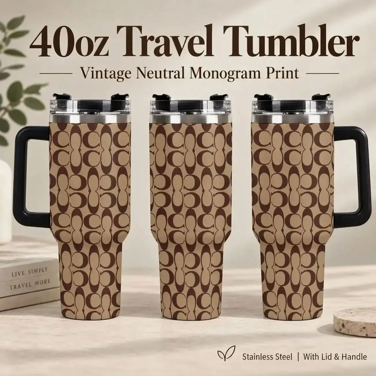 40oz Classic C Monogram Print 40oz Tumbler with Straw - Luxury Inspired Signature C Print Insulated Cup, Beige Brown Designer Inspired Leakproof Stainless Steel Travel Mug, Neutral Aesthetic Travel Mug, Perfect for Gifts & Daily Use