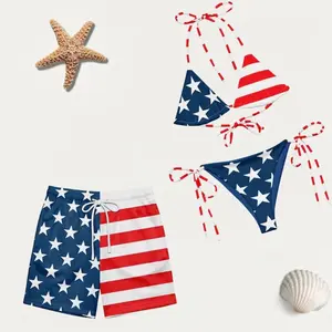 [HOT MATCHING SWIMSUIT SET] Matching swimsuit set with American flag print, including bikini and shorts.