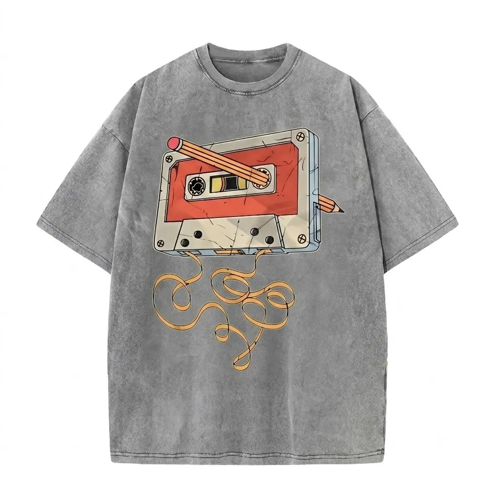 Men's Cotton Seamless Vintage Acid Wash Cassette Tape Pencil Graphic T-Shirt - 90s Nostalgia Aesthetic Oversized Grunge Streetwear Apparel Garment, Menswear, Round Neck