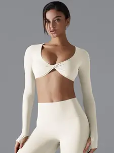 Women's Solid Color  Crop Sports Tee, Gym Tops, Casual Breathable Long Sleeve T-shirt for Yoga Gym Workout, Ladies Sportswear for All Seasons