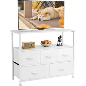 5-Drawer Stand Dresser for Bedroom - Entertainment Center for 45 inch Television - Media Console Table with Storage, Open Shelf, Adjustable Feet - Living Room Furniture Storage