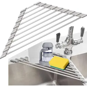 Triangle Dish Drying Rack for Sink Corner Roll Up Folding Stainless Steel Multipurpose Over The Sink Dish Drainer Mat for Kitchen (Grey)