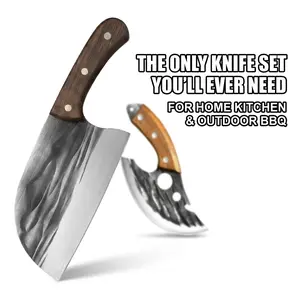 2-Piece Hand Forged Meat Cleaver & Boning Knife Set, High Carbon Steel Full Tang Sharp Chef Knife, Multipurpose Kitchen Knife for Home Cooking, Outdoor Camping, Backyard BBQ, Great Gift for Him, Cooking Lovers, Outdoor Enthusiasts box
