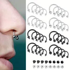 48PCS SET 16G Horseshoe Rings Surgical Steel Nose Septum Horseshoe Hoop Earring Eyebrow Tragus Lip Rings Daith Helix Piercing Jewelry for Women Men 6-12mm Smily Piercing Jewelry