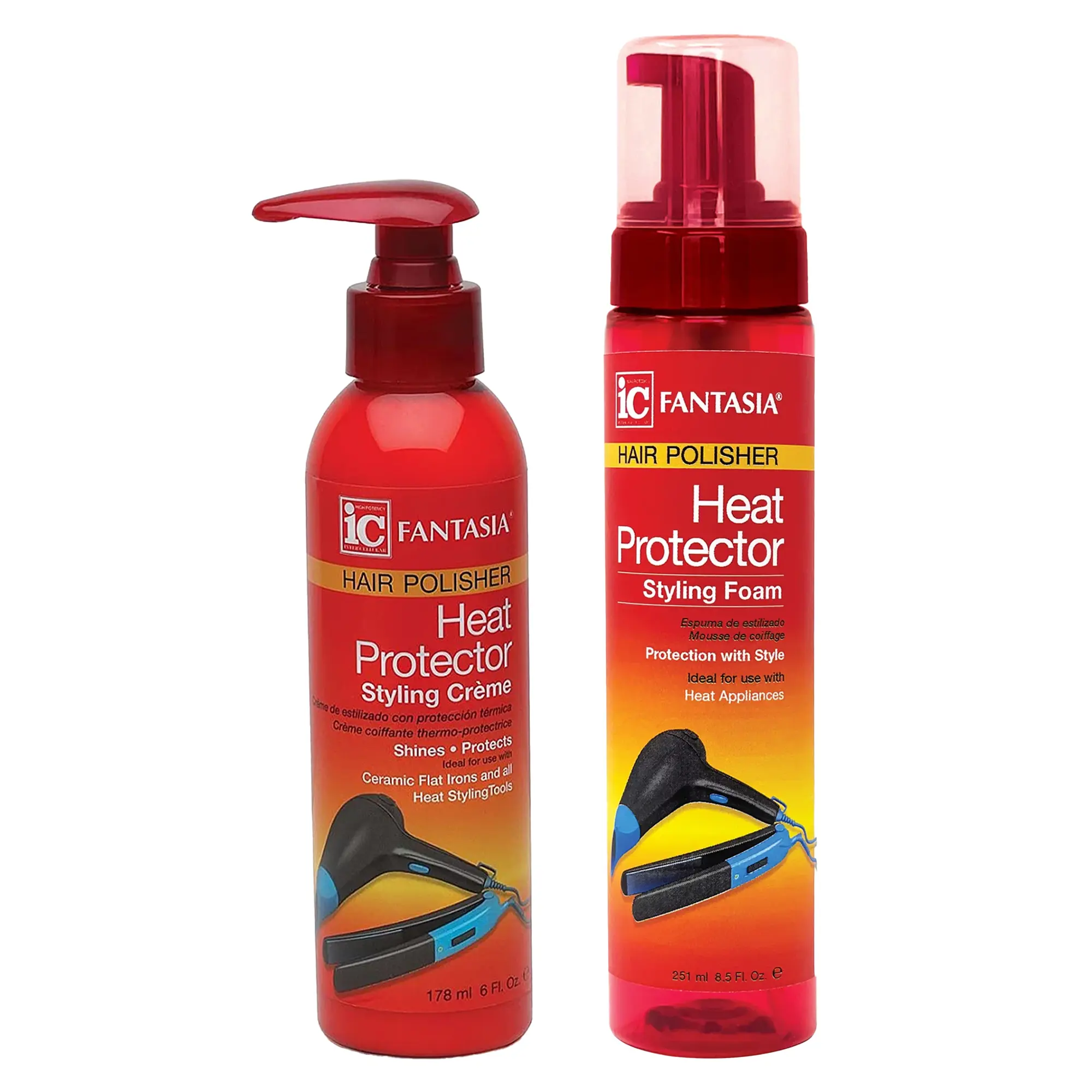 Fantasia IC Haircare Heat Protector Bundle - 6oz + 8.5oz Duo with Heat Protection, Smooth Lightweight Styling Cream, Normal Hair Styling Foam, Aloe Barbadensis Leaf Juice, Lightweight Moisture for Wavy Hair Adults