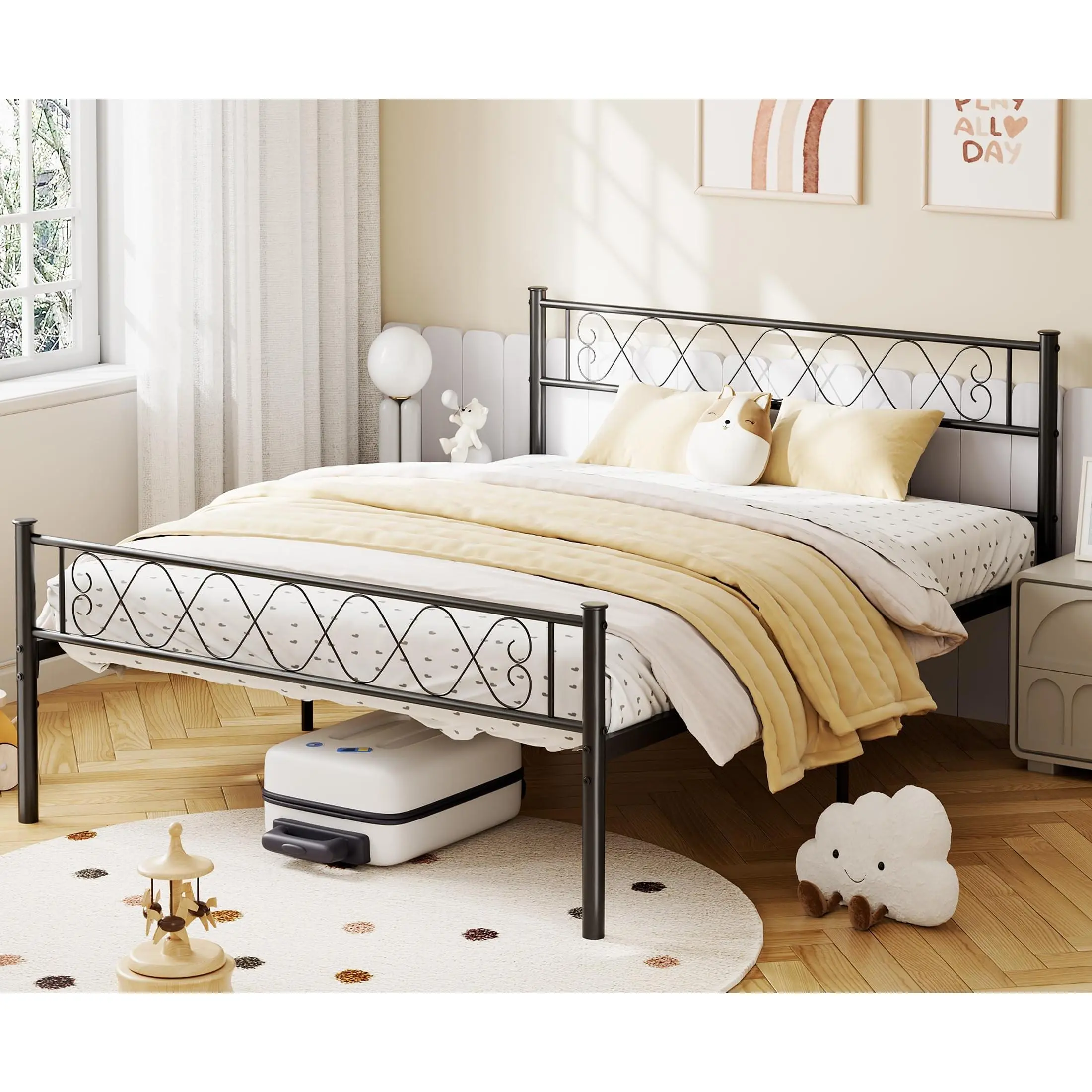 Full Size Black Metal Bed Frame – Headboard & Footboard, Sweet Heart Iron-Art Design, Strong Metal Slats, Underbed Storage, Noise-Free, No Box Spring Needed, Full | Heart-Shaped Metal Bed Frame