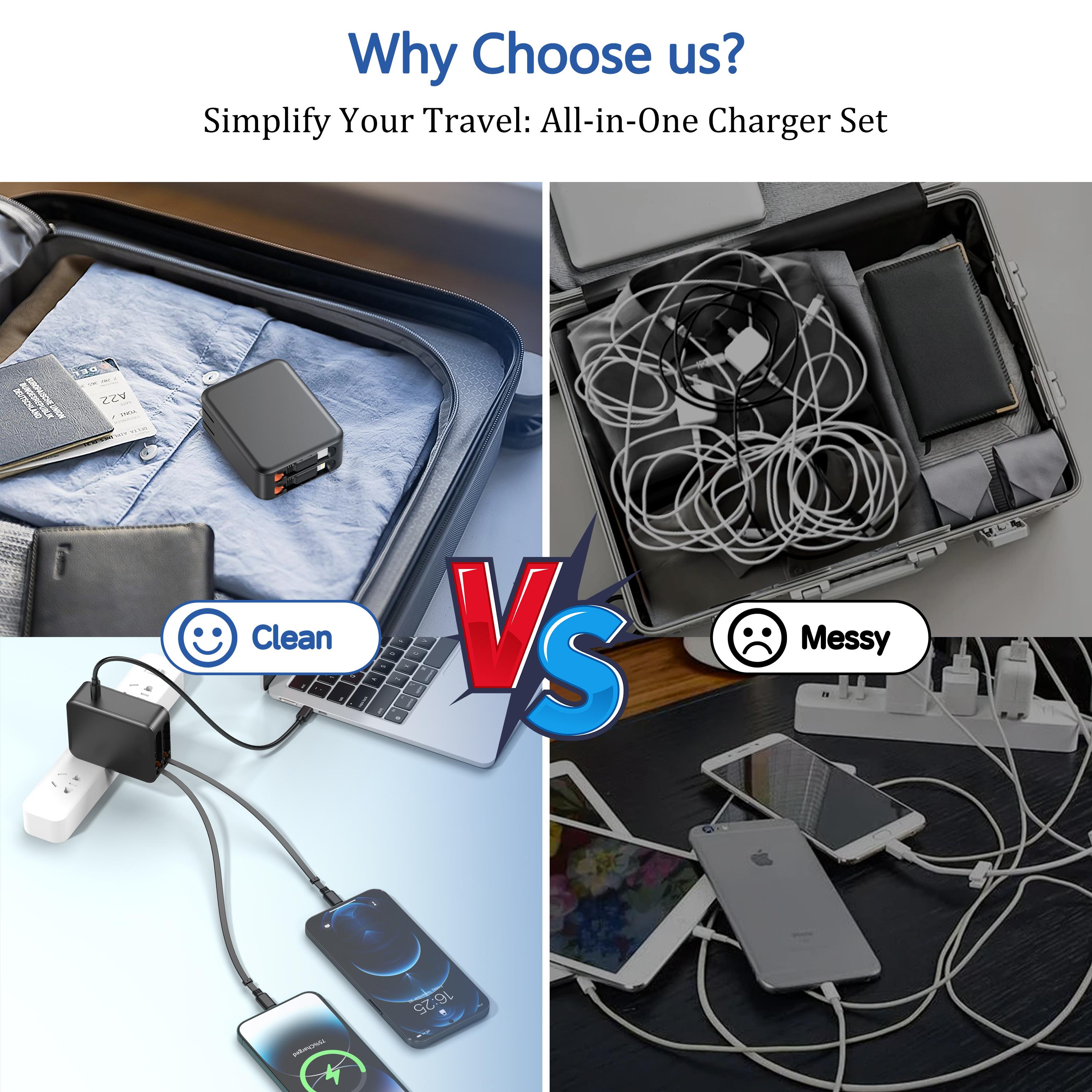 35W Retractable Wall Charger with Dual Cables & 3-Port USB Hub, Fast Charging for iPhone 16/15/14/13/12/11, iPad, Tablets, Samsung, LG & More