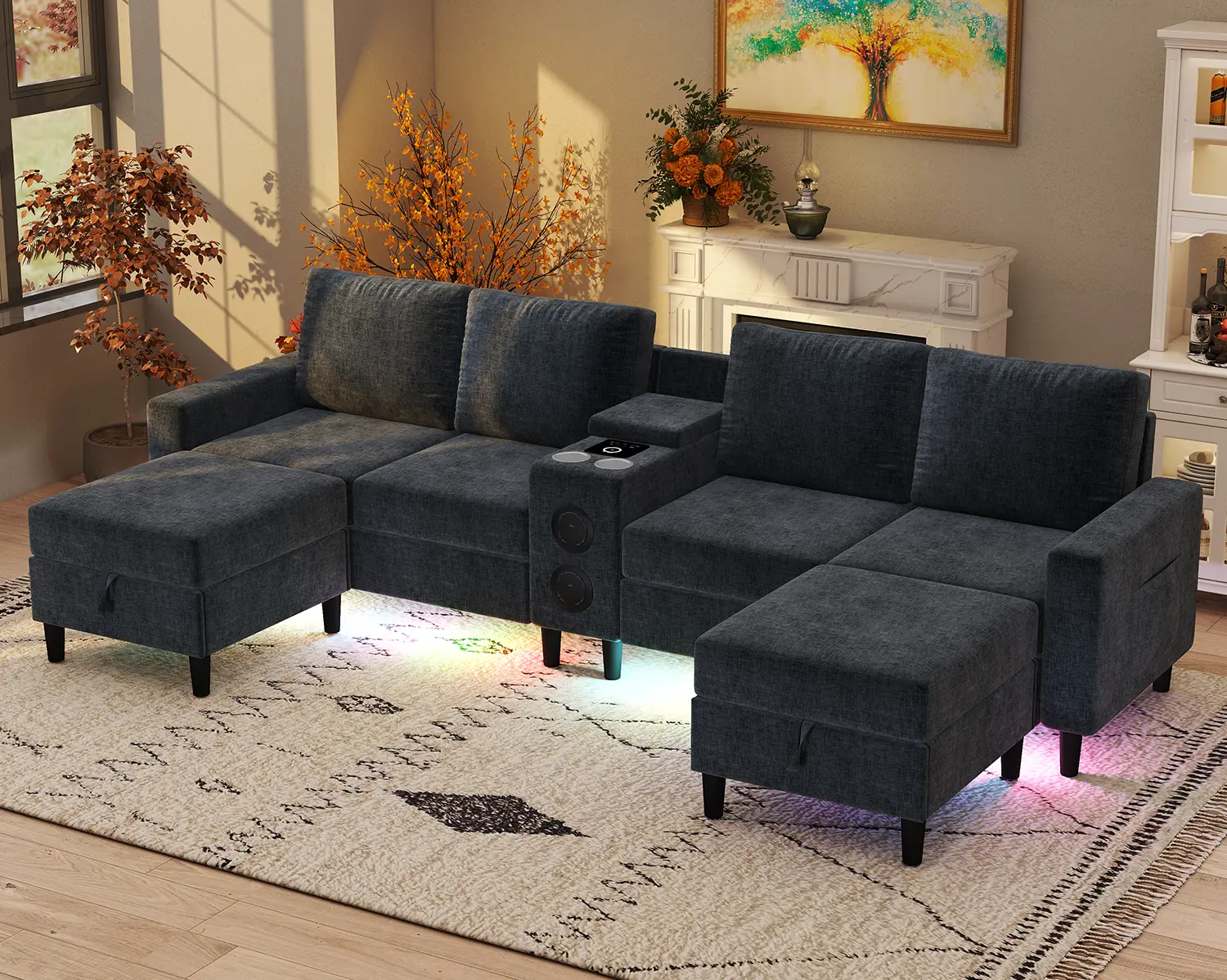 120" U-Shaped modern Modular Sectional lazy  Sofa  6-Seater with Built-In Tea Console, Color LED Light, Stereo Speaker & Wireless Charging Feature, Oversized Deep Seat Chenille Fabric Couch  comfy   for Living Space, Cream Beige & Dark Gray Dual Color