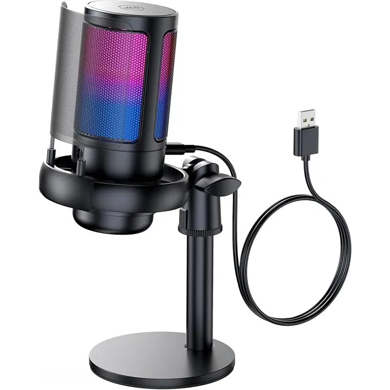 USB Condenser Gaming Microphone for Computer - Quick Mute, Tripod Stand, Pop Filter, RGB Lights, Shock Mount, Rotatable Gain Button, Cable Plug Compatibility with PS4/PS5/PC (Ideal for Streaming)