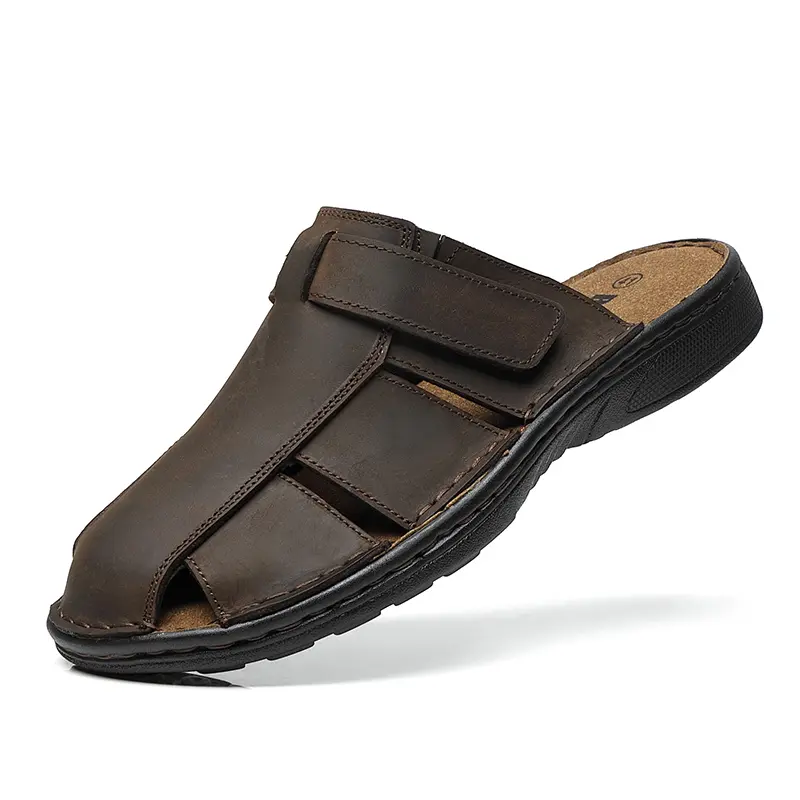 Men's Top-Grain Leather Slides, Casual Plain Open-Toe Outdoor Footwear with a Supportive PU Sole, Walking Shoes, Polyurethane, Slip On, Cow Hide