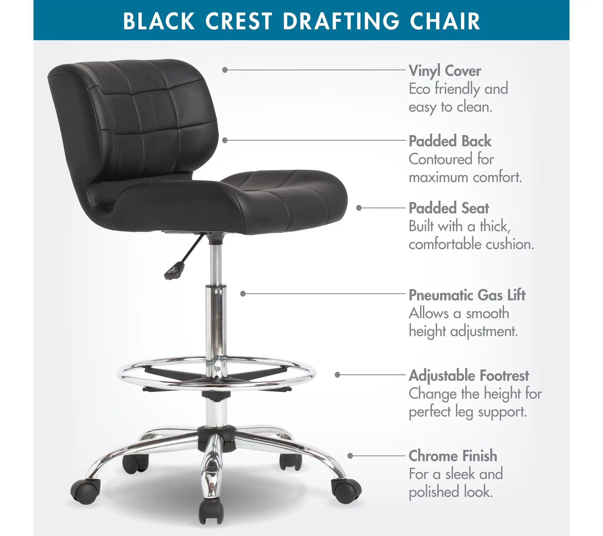 Studio Designs Black Crest Height Adjustable Drafting Chair