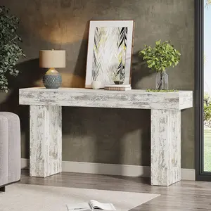 LustreC 63-Inch Long Console Table, Farmhouse Wooden Sofa Table Behind The Couch, Narrow Entryway Table for Entrance, Hallway, Living Room (Distressed White)