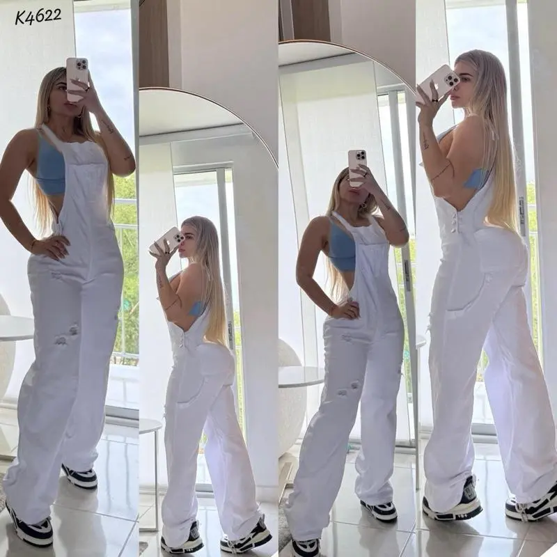 K4622 -High-Waisted White Denim Overalls - Wide Leg Rigid Jean Jumpsuit with Distressed Details