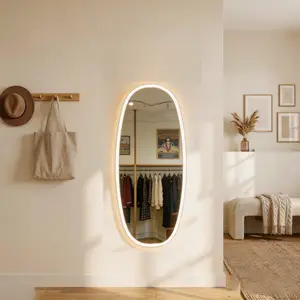 Oval LED Full Length Mirror, Ultra-Safe Tempered Glass with 0.1% Breakage Rate, Dimmable Touch Control Wall Mirror for Families with Kids & Pets