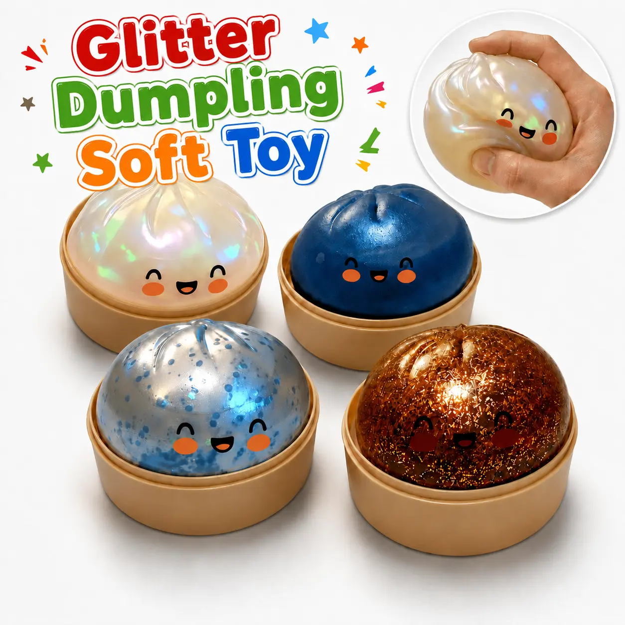 Unisex Glitter Dumpling Squishy Toy with Steamer Box, Sensory Squeeze Ball Stress Reliever, Calm Corner Fidget Toy for Kids, Cute Desk Decor Gift (Squishy Dumpling), Calm Corner Emotional Regulation