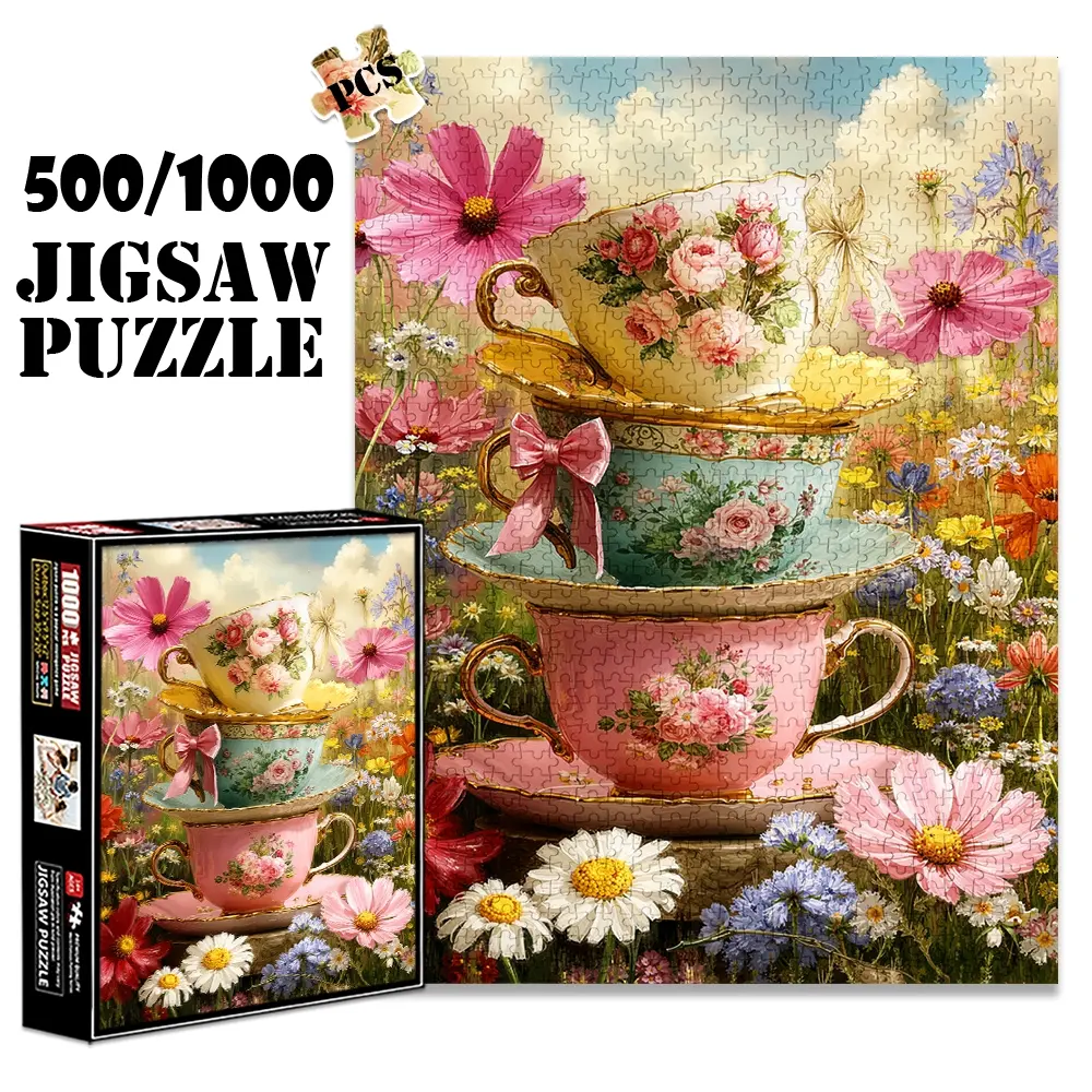 1pc 1000 piece adult puzzle 70x50cm Stacked Floral - Patterned Teacups in a Flower - Filled Field 500 pieces paper jigsaw puzzle suitable for DIY creative games for adults and families, birthday