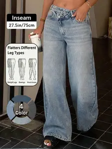 Women's Asymmetrical Low Waist Wide Leg Light Wash Jeans Pants, Zipper Pocket Design, Casual Fashion Trousers for All Seasons, Limited Time Purchase