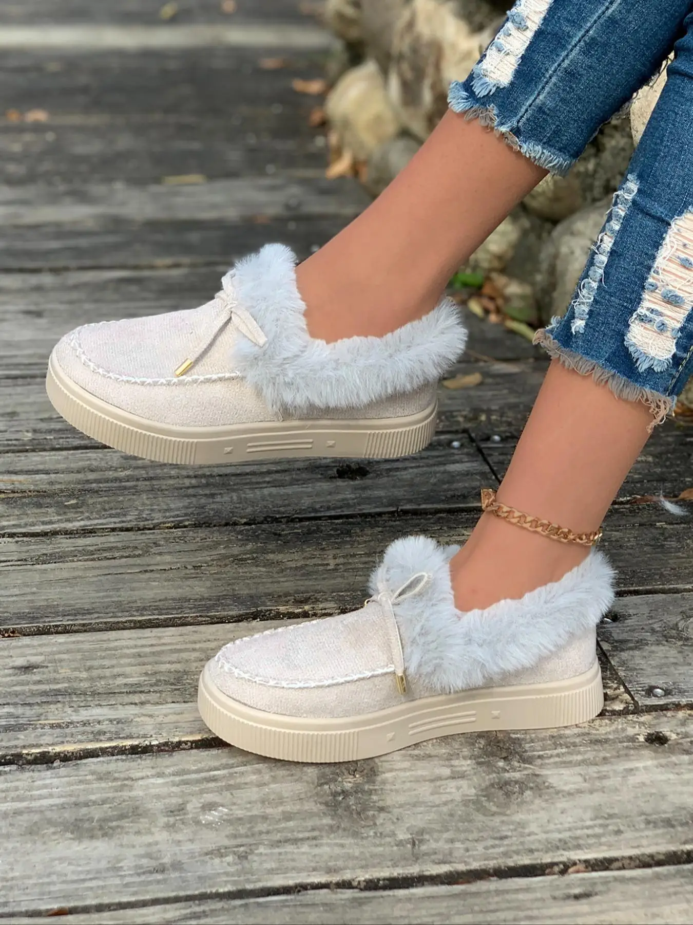 Women's Solid Bow Decorated Snow Boots, Casual Comfortable Warm Fluffy Lined Ankle Boots for Fall & Winter, Female All-match Round Toe Shoes for Daily